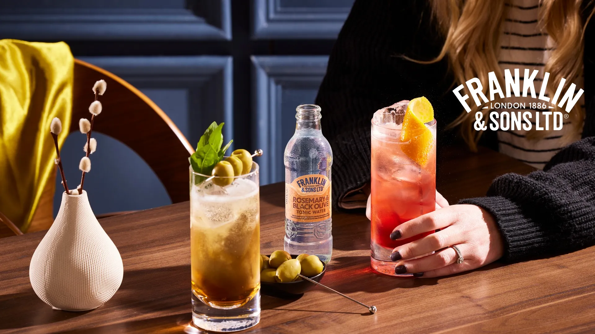 Franklin & Sons tonics mixed into cocktails on a bar table